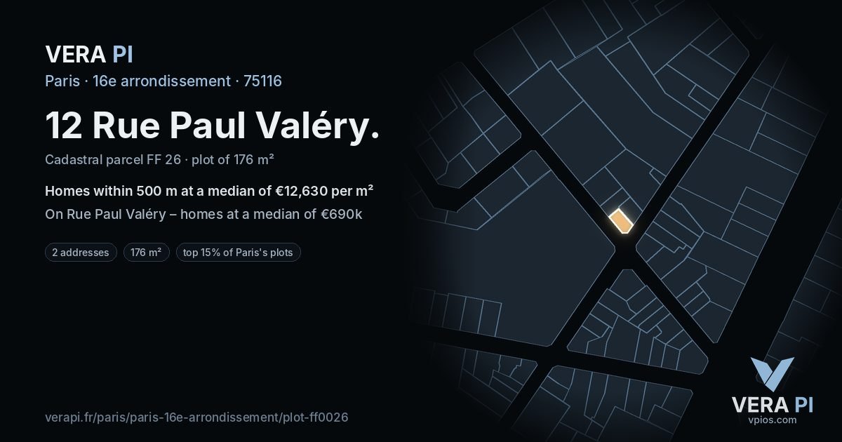 12 Rue Paul Valéry, 16e arrondissement at night – the plot lit, the parcels around coloured by the prices near them