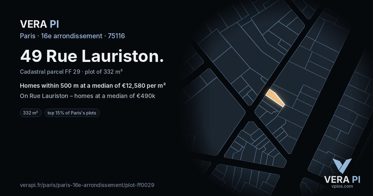 49 Rue Lauriston, 16e arrondissement at night – the plot lit, the parcels around coloured by the prices near them