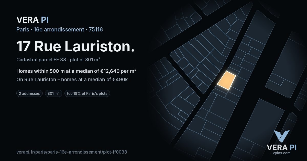 17 Rue Lauriston, 16e arrondissement at night – the plot lit, the parcels around coloured by the prices near them