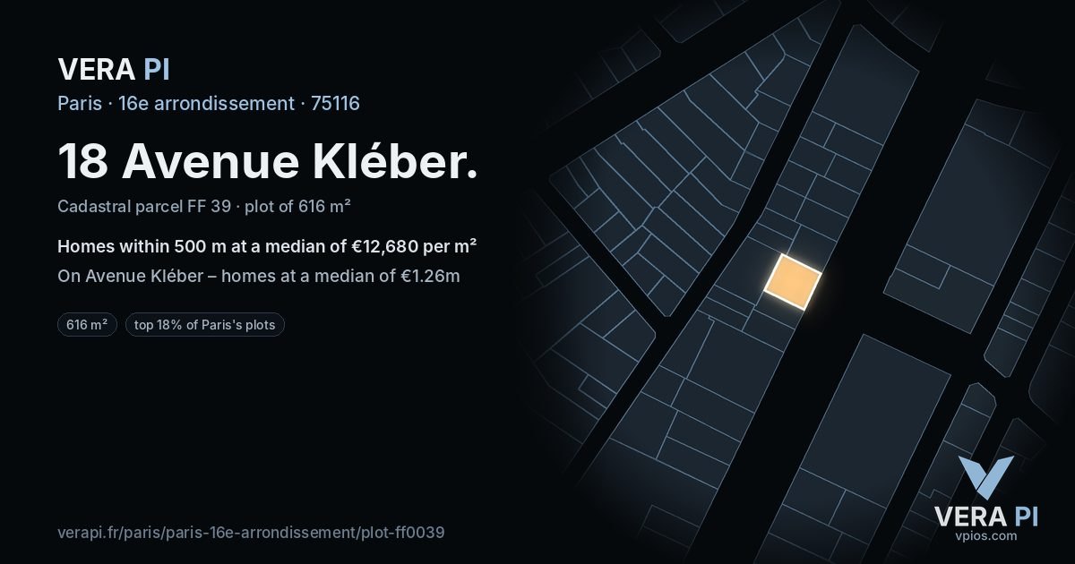18 Avenue Kléber, 16e arrondissement at night – the plot lit, the parcels around coloured by the prices near them