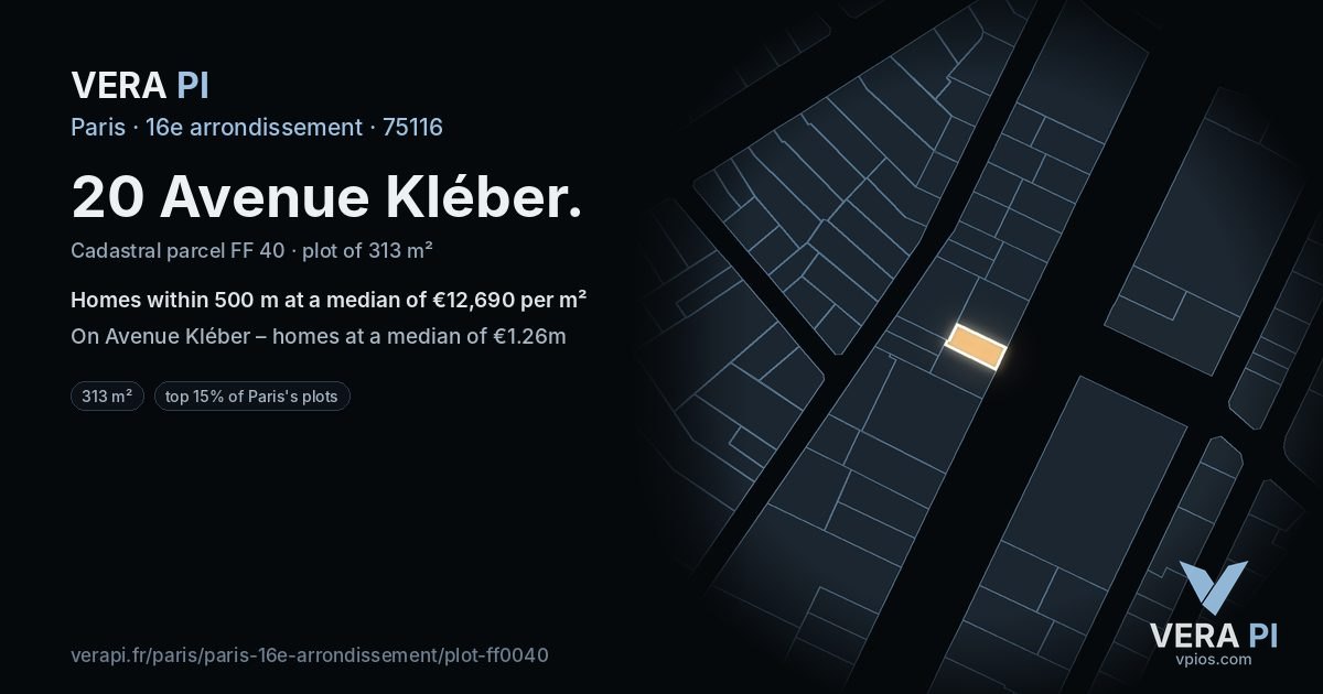 20 Avenue Kléber, 16e arrondissement at night – the plot lit, the parcels around coloured by the prices near them