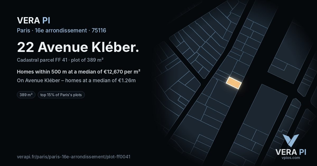 22 Avenue Kléber, 16e arrondissement at night – the plot lit, the parcels around coloured by the prices near them