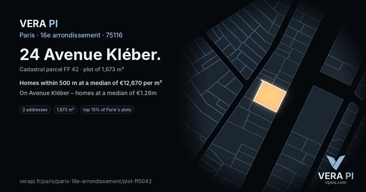 24 Avenue Kléber, 16e arrondissement at night – the plot lit, the parcels around coloured by the prices near them