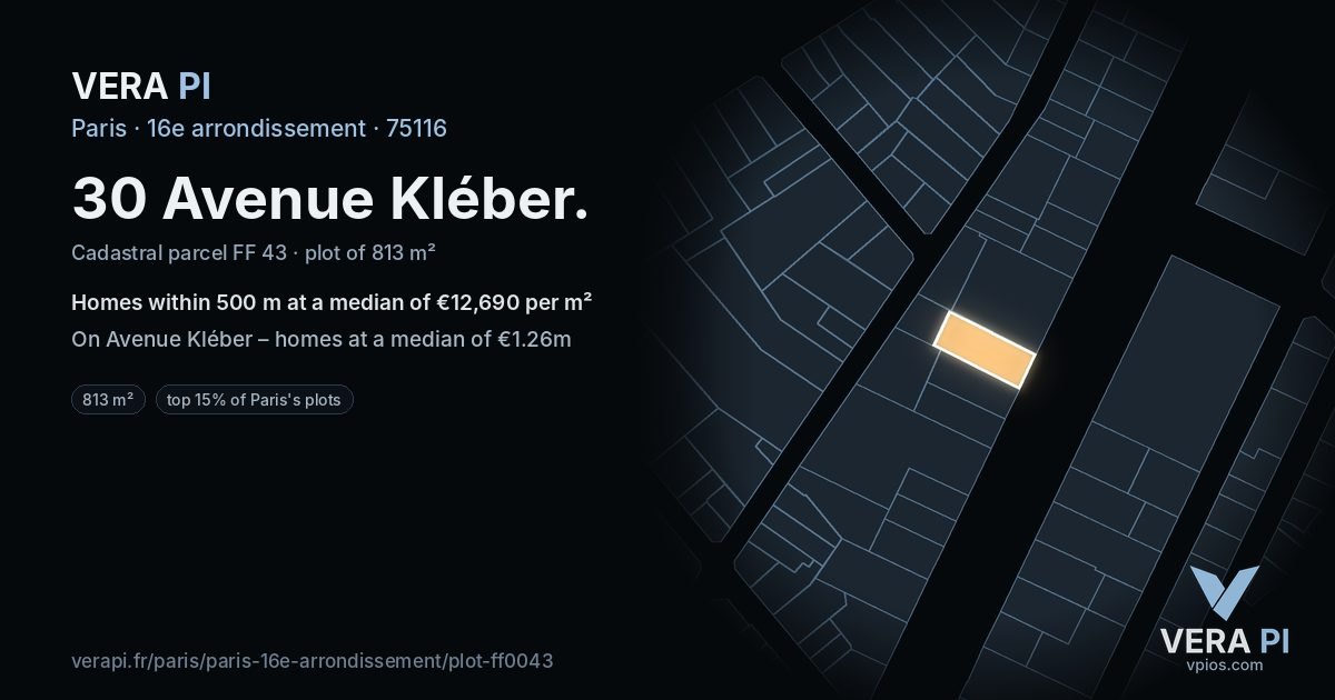 30 Avenue Kléber, 16e arrondissement at night – the plot lit, the parcels around coloured by the prices near them