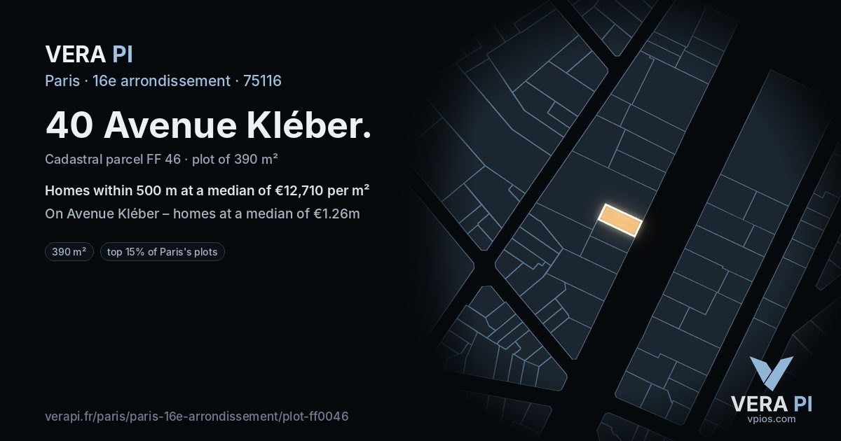 40 Avenue Kléber, 16e arrondissement at night – the plot lit, the parcels around coloured by the prices near them