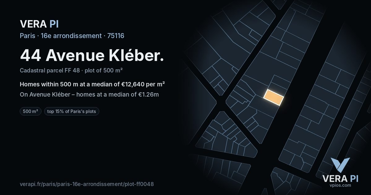 44 Avenue Kléber, 16e arrondissement at night – the plot lit, the parcels around coloured by the prices near them