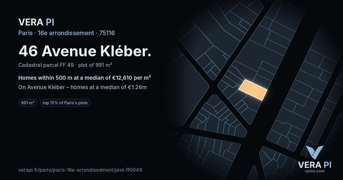 46 Avenue Kléber, 16e arrondissement at night – the plot lit, the parcels around coloured by the prices near them