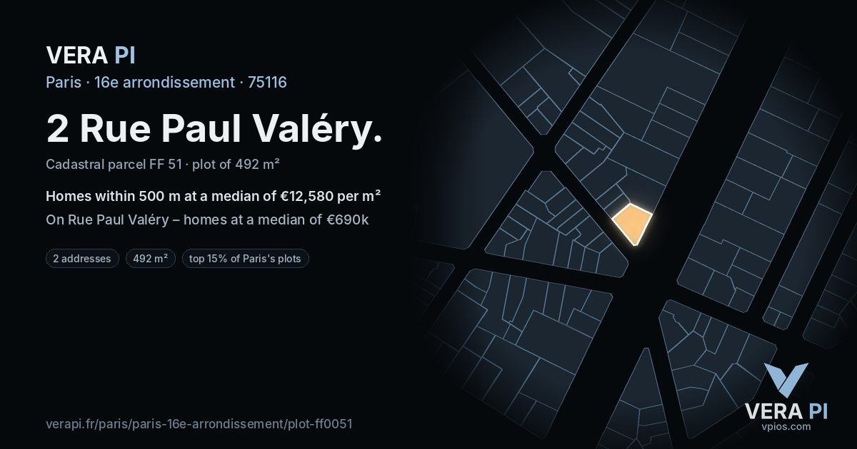 2 Rue Paul Valéry, 16e arrondissement at night – the plot lit, the parcels around coloured by the prices near them