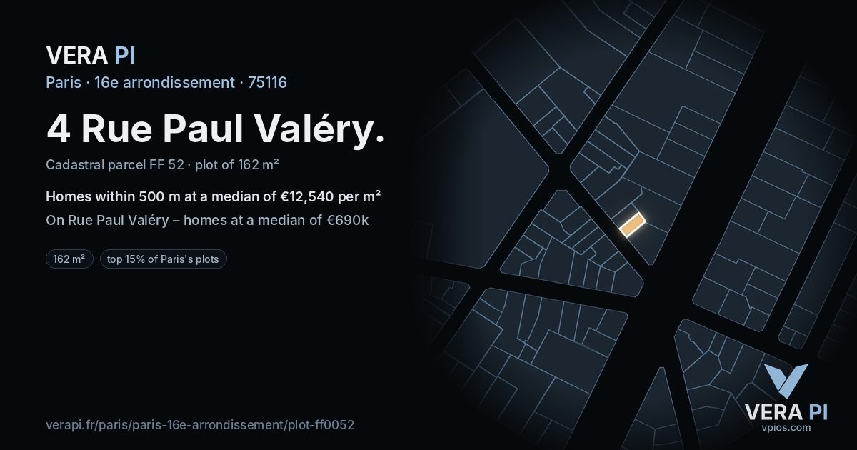 4 Rue Paul Valéry, 16e arrondissement at night – the plot lit, the parcels around coloured by the prices near them