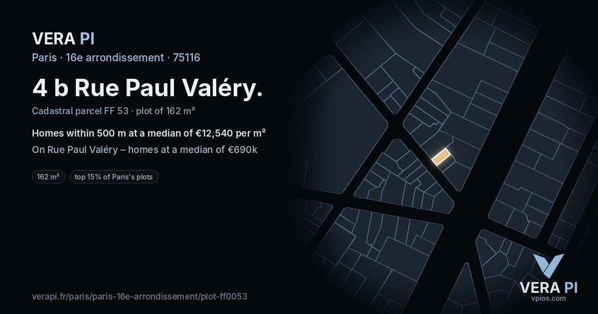 4 b Rue Paul Valéry, 16e arrondissement at night – the plot lit, the parcels around coloured by the prices near them