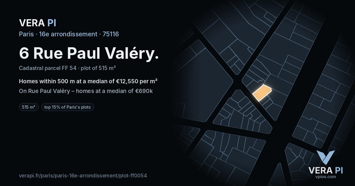 6 Rue Paul Valéry, 16e arrondissement at night – the plot lit, the parcels around coloured by the prices near them