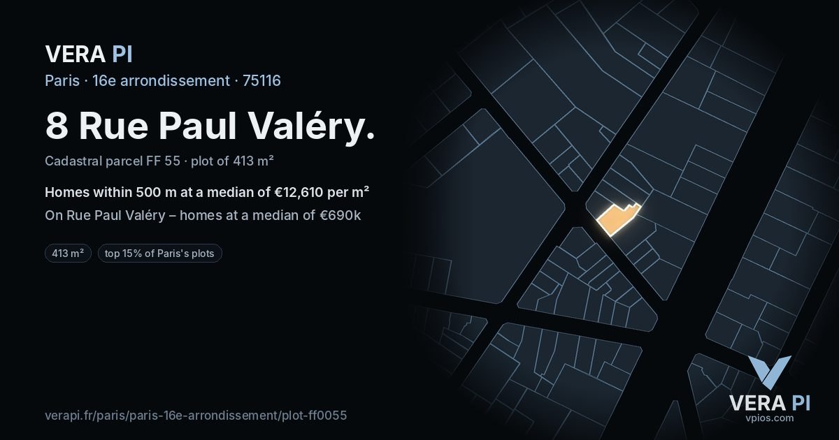 8 Rue Paul Valéry, 16e arrondissement at night – the plot lit, the parcels around coloured by the prices near them