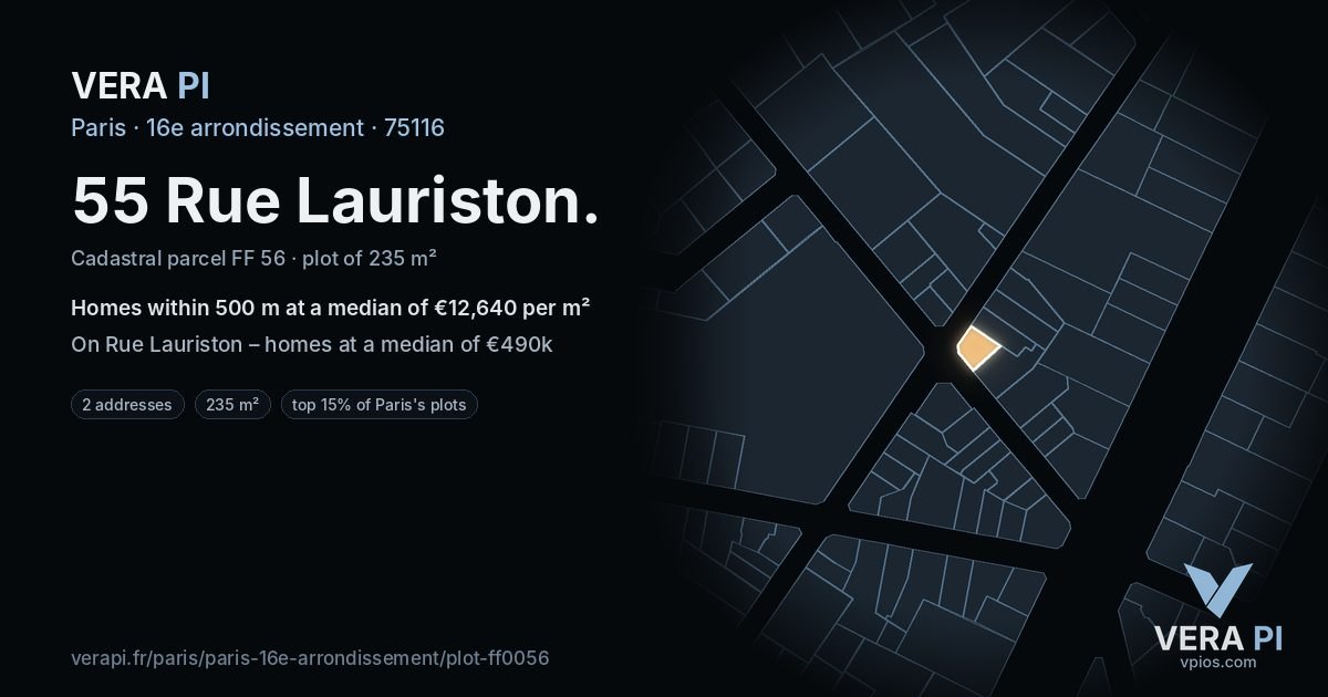 55 Rue Lauriston, 16e arrondissement at night – the plot lit, the parcels around coloured by the prices near them
