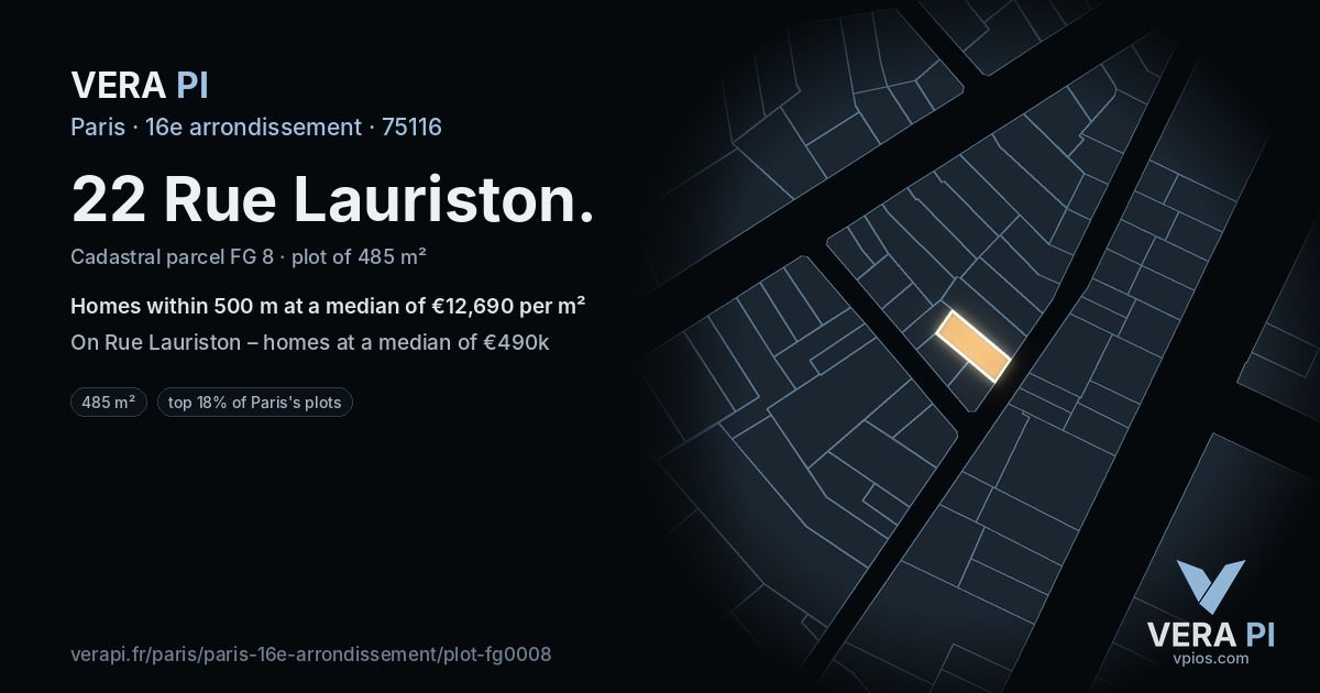 22 Rue Lauriston, 16e arrondissement at night – the plot lit, the parcels around coloured by the prices near them