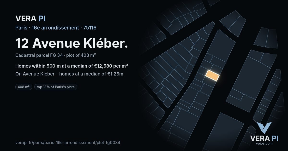 12 Avenue Kléber, 16e arrondissement at night – the plot lit, the parcels around coloured by the prices near them