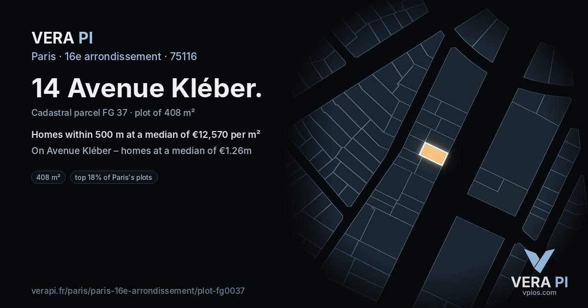 14 Avenue Kléber, 16e arrondissement at night – the plot lit, the parcels around coloured by the prices near them