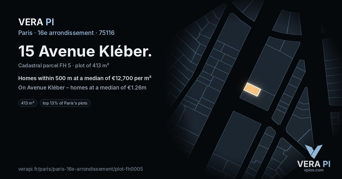 15 Avenue Kléber, 16e arrondissement at night – the plot lit, the parcels around coloured by the prices near them