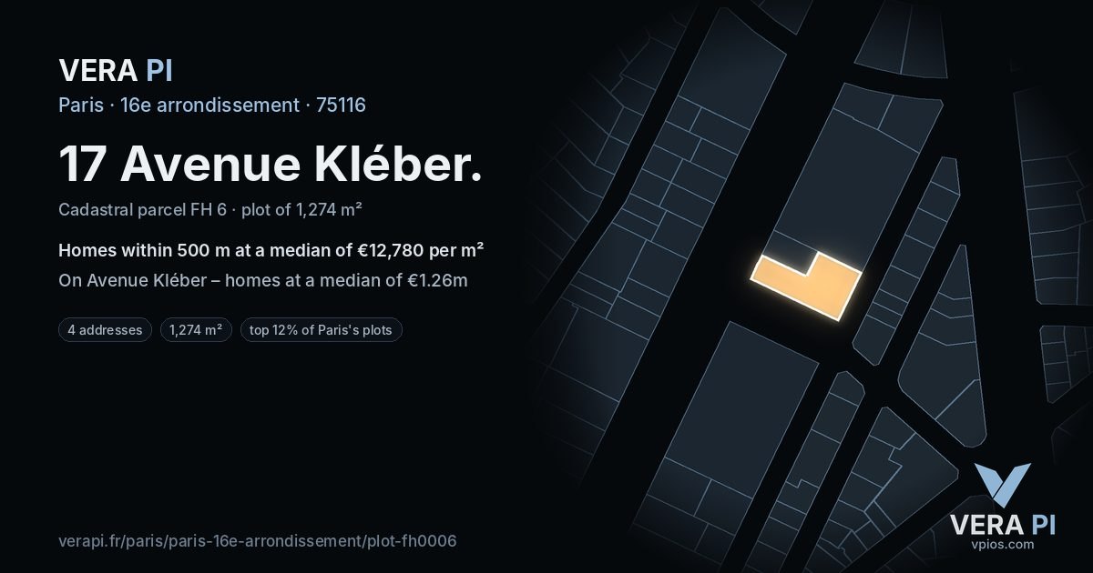 17 Avenue Kléber, 16e arrondissement at night – the plot lit, the parcels around coloured by the prices near them