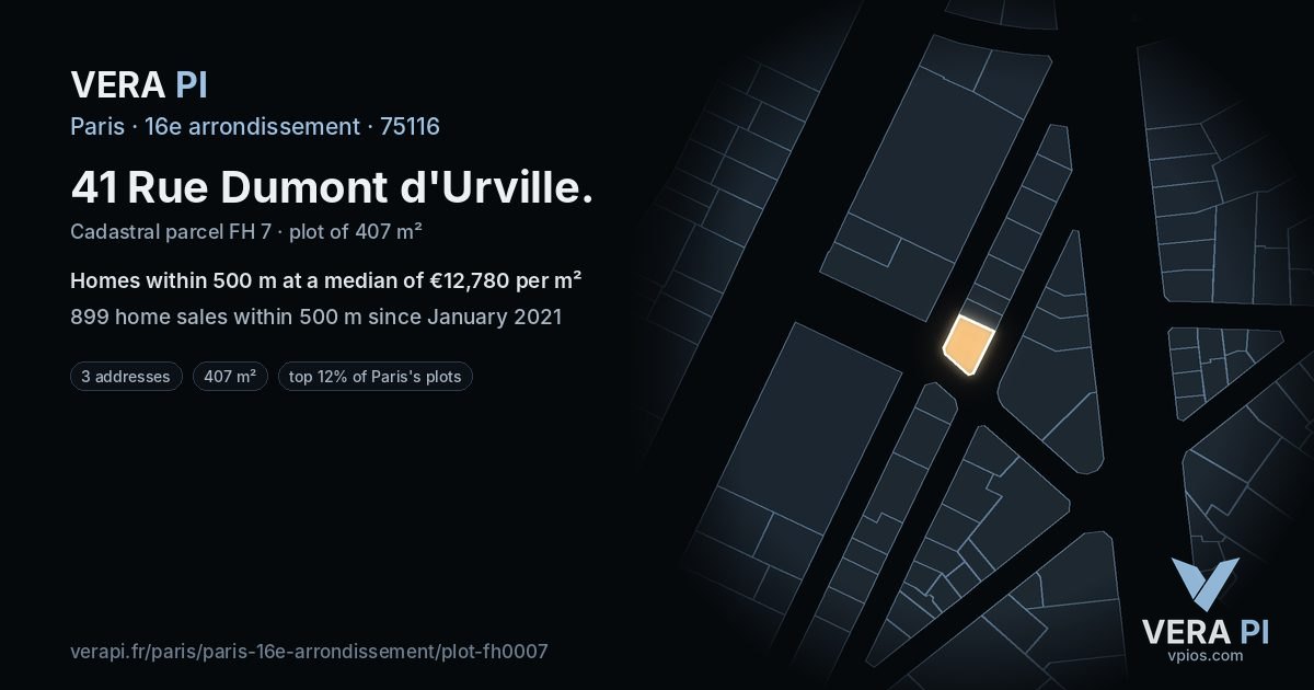 41 Rue Dumont d'Urville, 16e arrondissement at night – the plot lit, the parcels around coloured by the prices near them