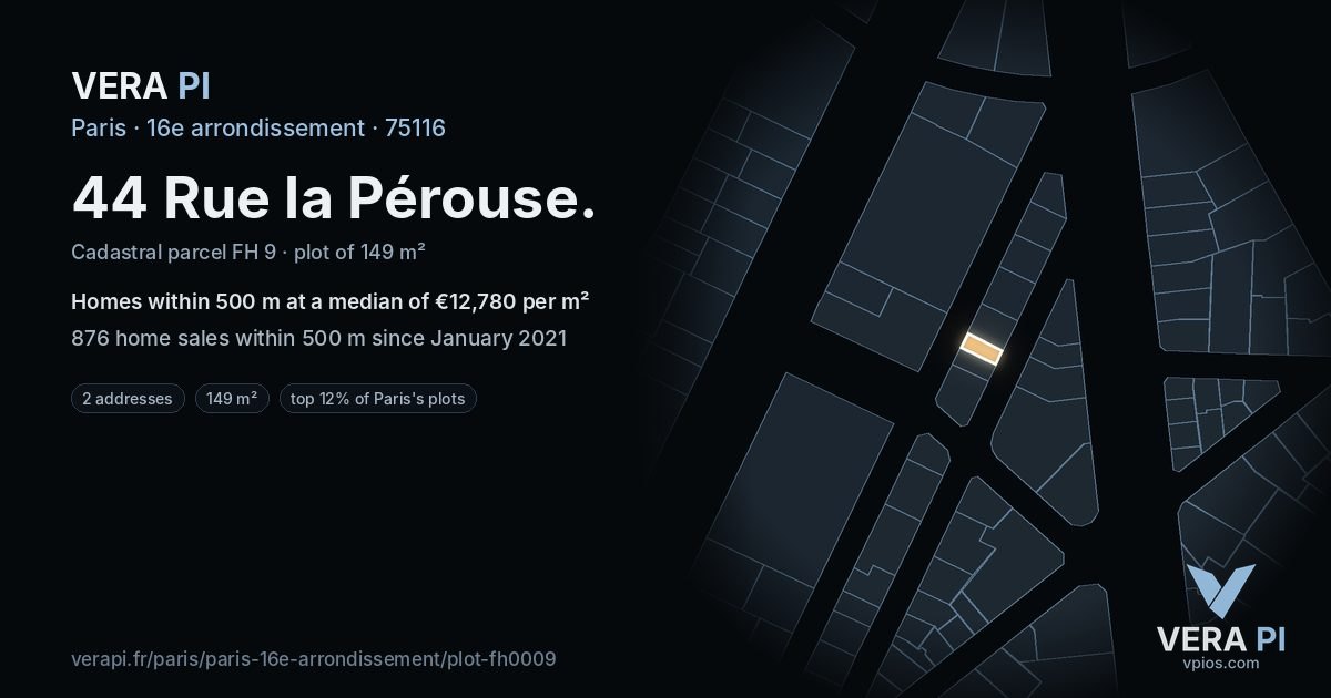 44 Rue la Pérouse, 16e arrondissement at night – the plot lit, the parcels around coloured by the prices near them