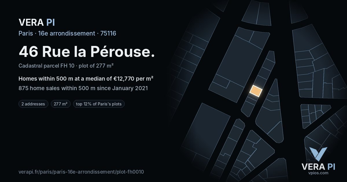 46 Rue la Pérouse, 16e arrondissement at night – the plot lit, the parcels around coloured by the prices near them