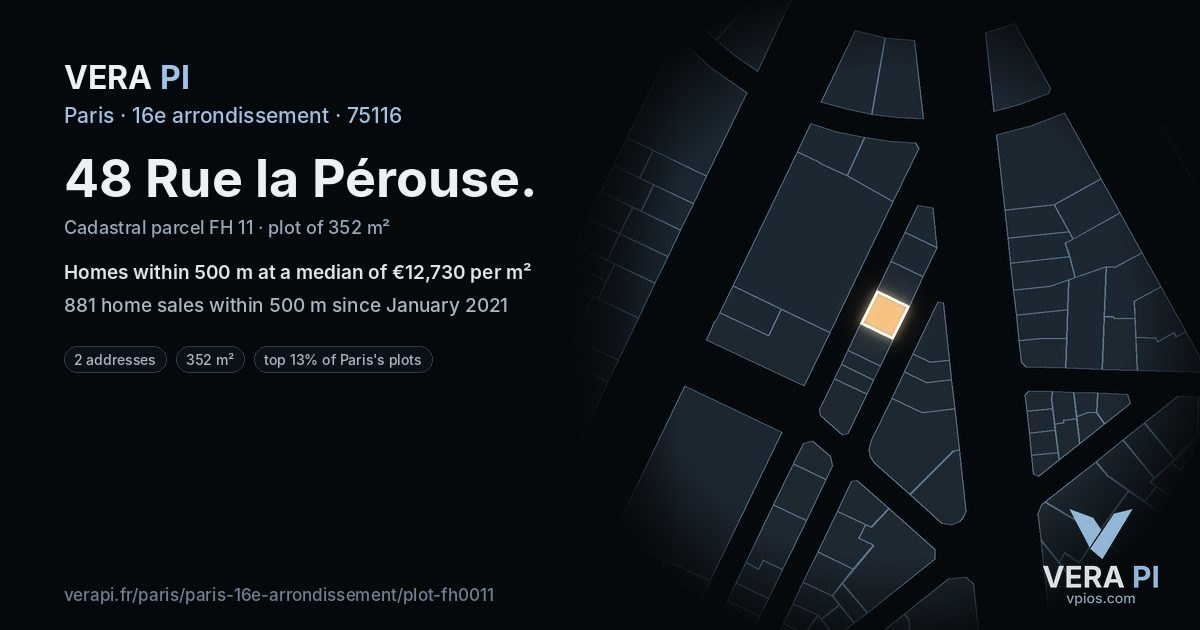 48 Rue la Pérouse, 16e arrondissement at night – the plot lit, the parcels around coloured by the prices near them
