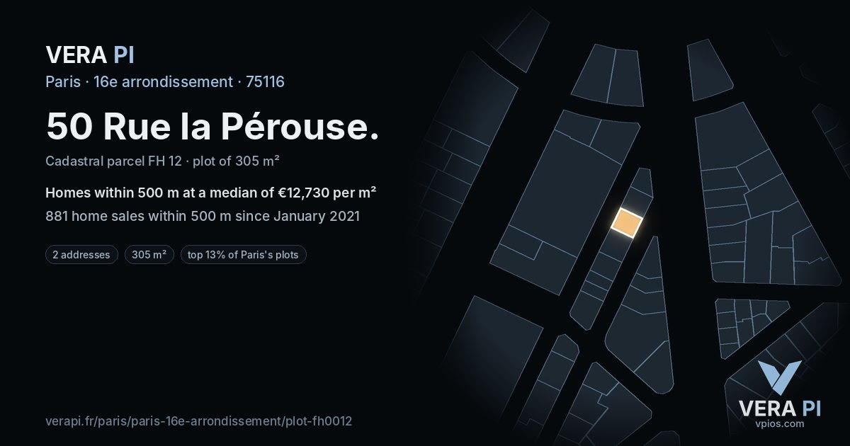 50 Rue la Pérouse, 16e arrondissement at night – the plot lit, the parcels around coloured by the prices near them