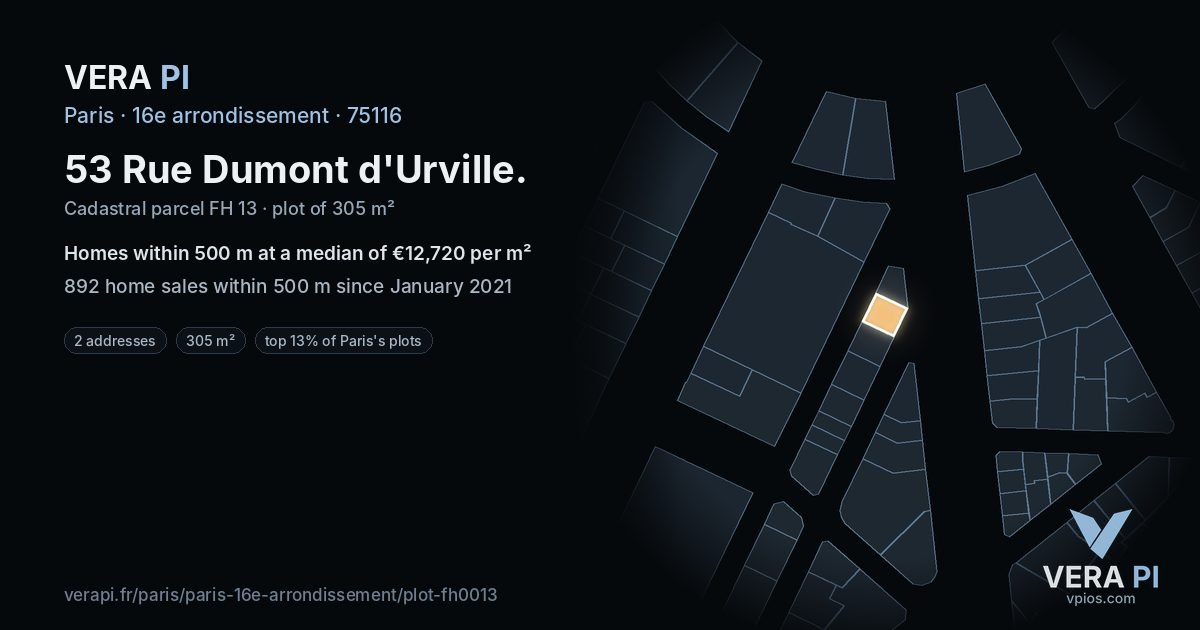 53 Rue Dumont d'Urville, 16e arrondissement at night – the plot lit, the parcels around coloured by the prices near them
