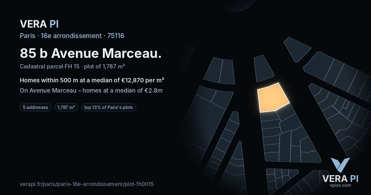 85 b Avenue Marceau, 16e arrondissement at night – the plot lit, the parcels around coloured by the prices near them