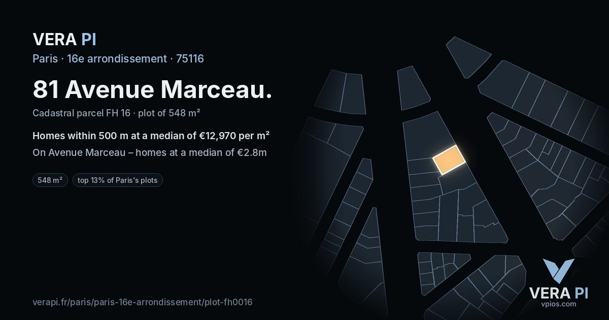 81 Avenue Marceau, 16e arrondissement at night – the plot lit, the parcels around coloured by the prices near them