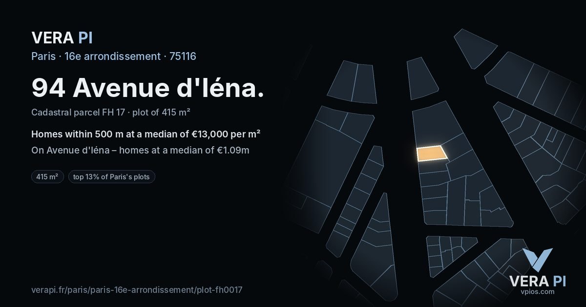 94 Avenue d'Iéna, 16e arrondissement at night – the plot lit, the parcels around coloured by the prices near them