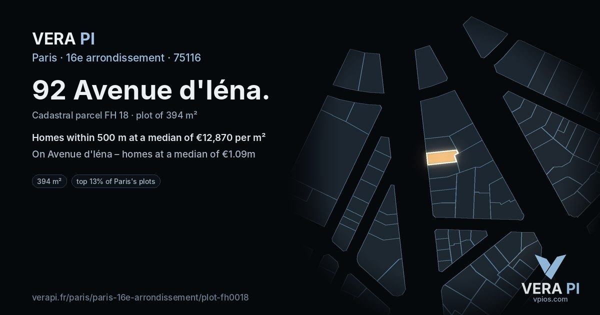 92 Avenue d'Iéna, 16e arrondissement at night – the plot lit, the parcels around coloured by the prices near them