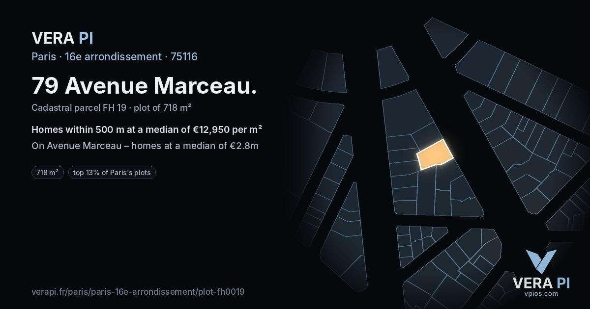 79 Avenue Marceau, 16e arrondissement at night – the plot lit, the parcels around coloured by the prices near them