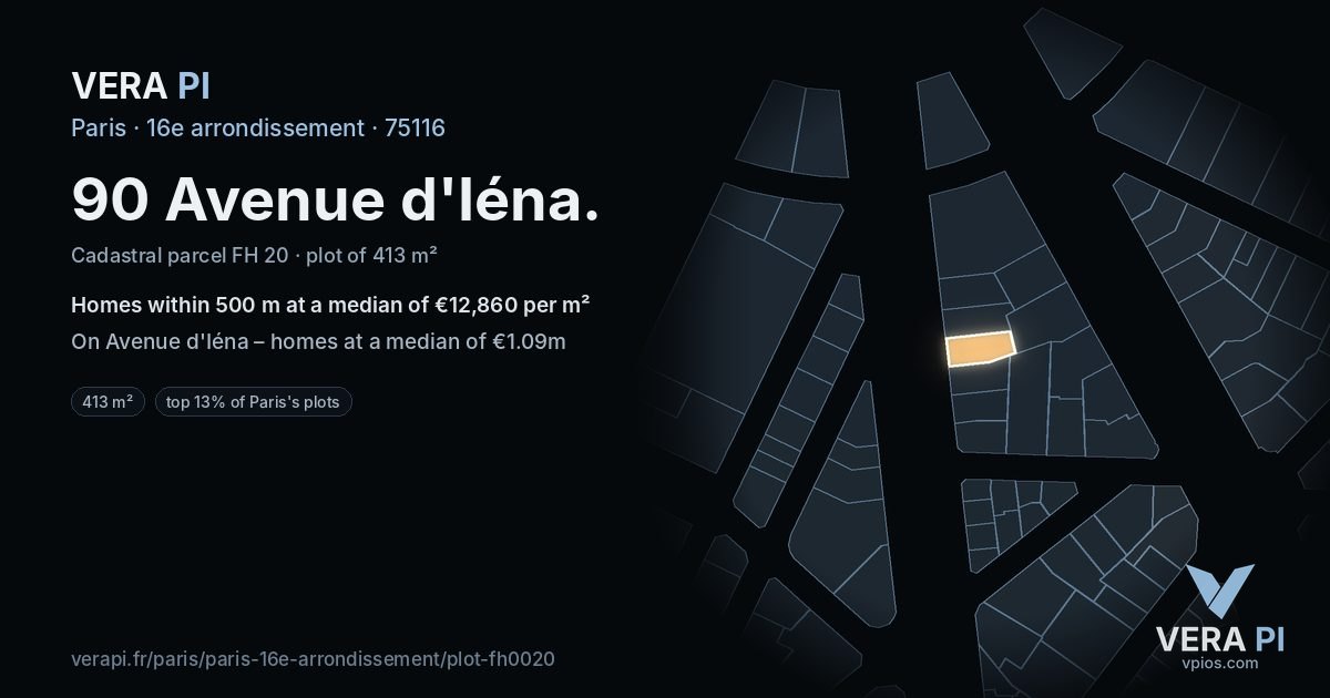 90 Avenue d'Iéna, 16e arrondissement at night – the plot lit, the parcels around coloured by the prices near them