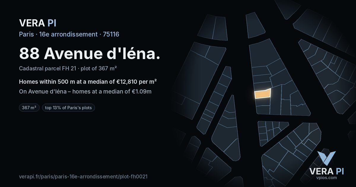 88 Avenue d'Iéna, 16e arrondissement at night – the plot lit, the parcels around coloured by the prices near them