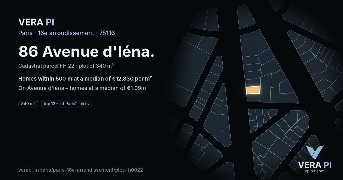 86 Avenue d'Iéna, 16e arrondissement at night – the plot lit, the parcels around coloured by the prices near them
