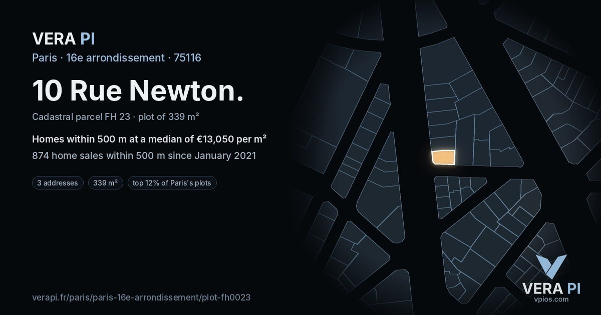 10 Rue Newton, 16e arrondissement at night – the plot lit, the parcels around coloured by the prices near them