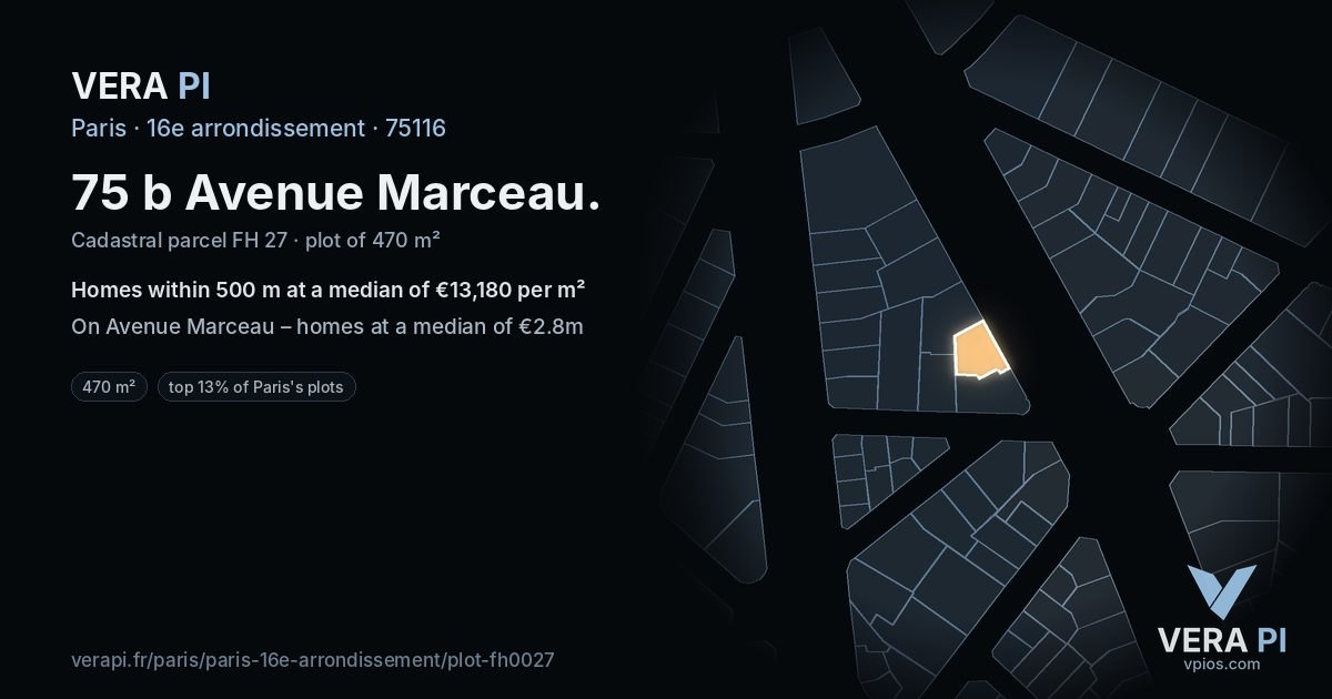 75 b Avenue Marceau, 16e arrondissement at night – the plot lit, the parcels around coloured by the prices near them