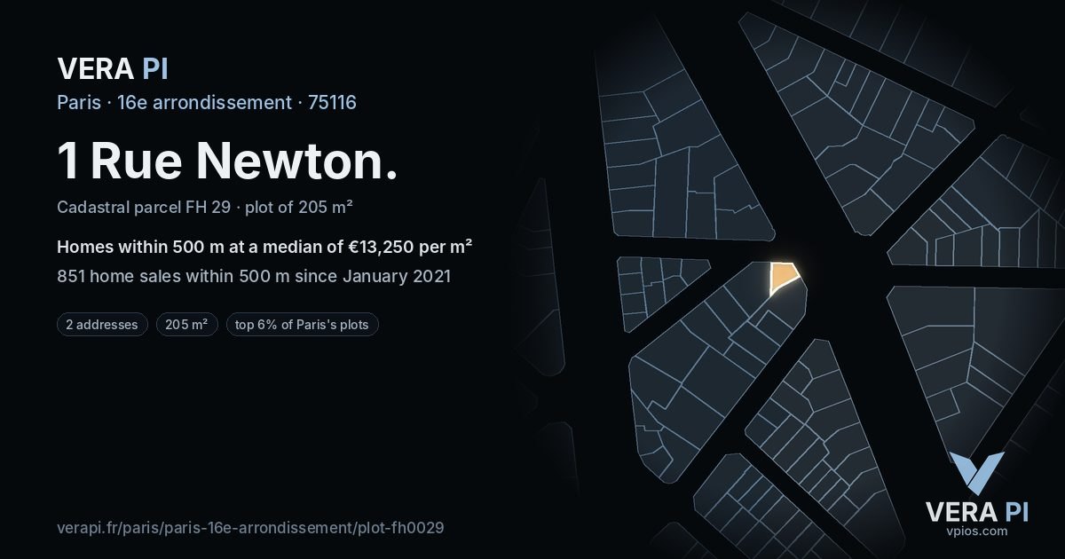 1 Rue Newton, 16e arrondissement at night – the plot lit, the parcels around coloured by the prices near them