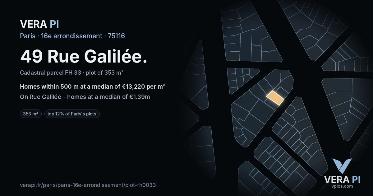 49 Rue Galilée, 16e arrondissement at night – the plot lit, the parcels around coloured by the prices near them