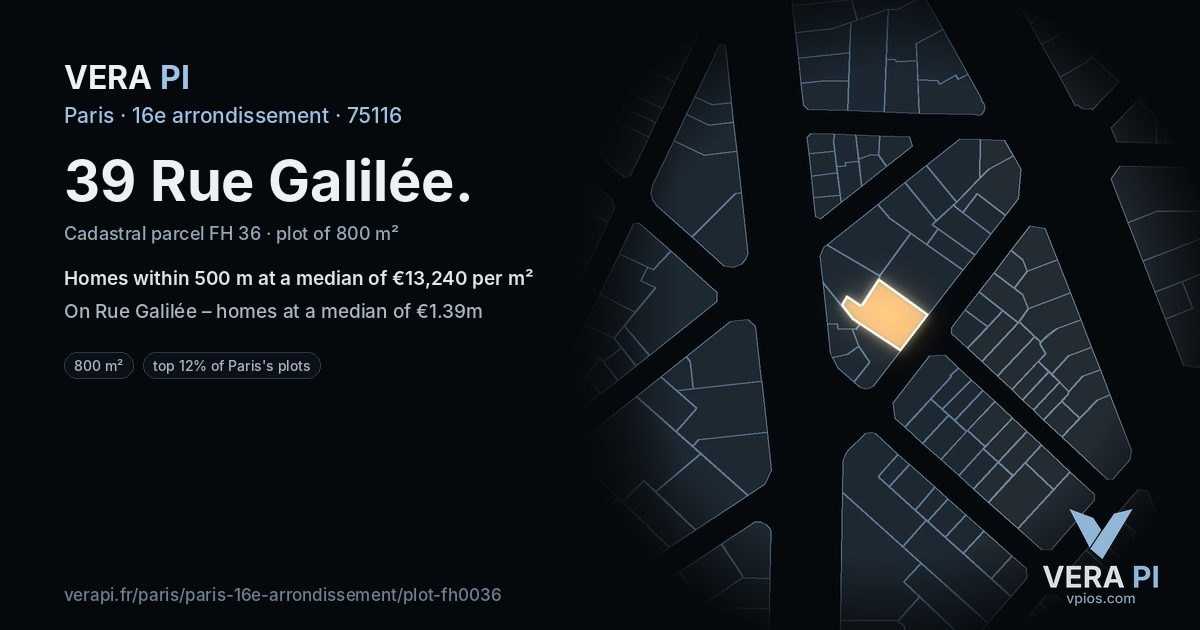 39 Rue Galilée, 16e arrondissement at night – the plot lit, the parcels around coloured by the prices near them