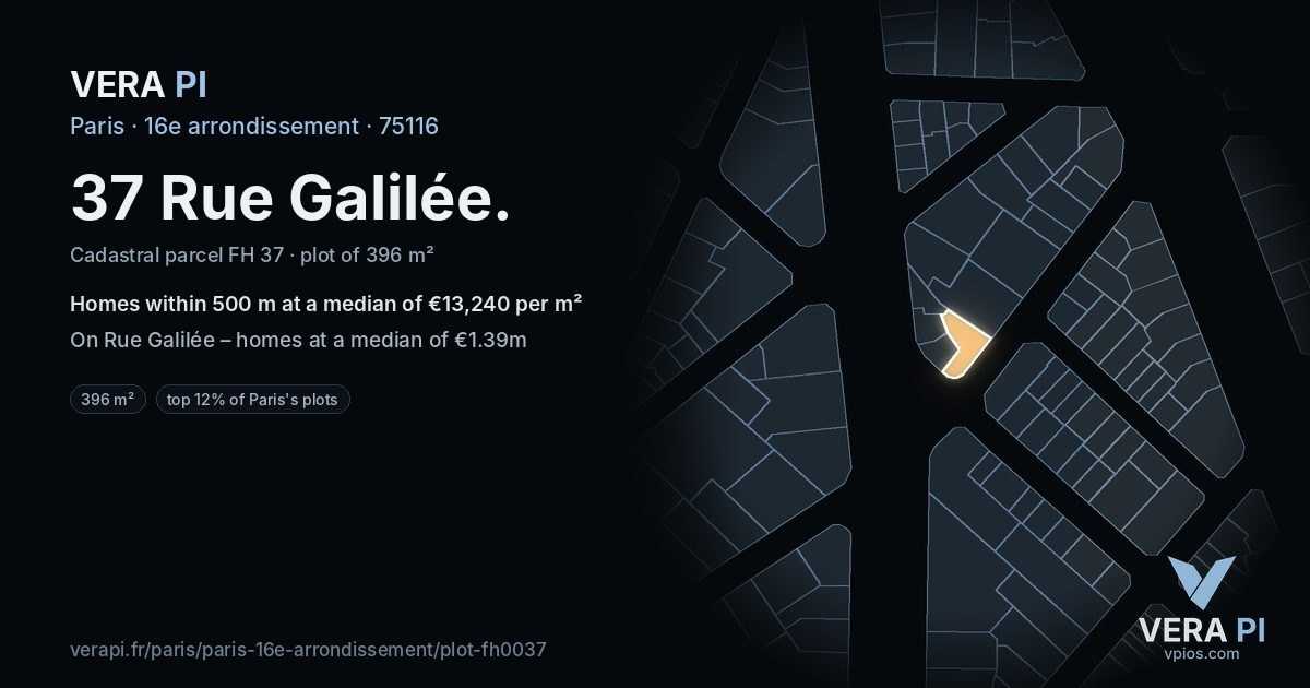 37 Rue Galilée, 16e arrondissement at night – the plot lit, the parcels around coloured by the prices near them