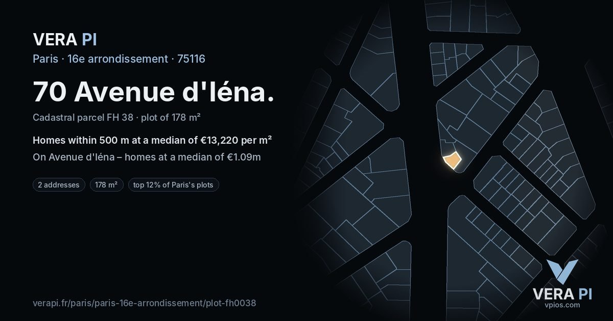 70 Avenue d'Iéna, 16e arrondissement at night – the plot lit, the parcels around coloured by the prices near them