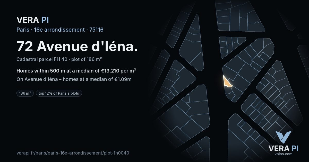 72 Avenue d'Iéna, 16e arrondissement at night – the plot lit, the parcels around coloured by the prices near them