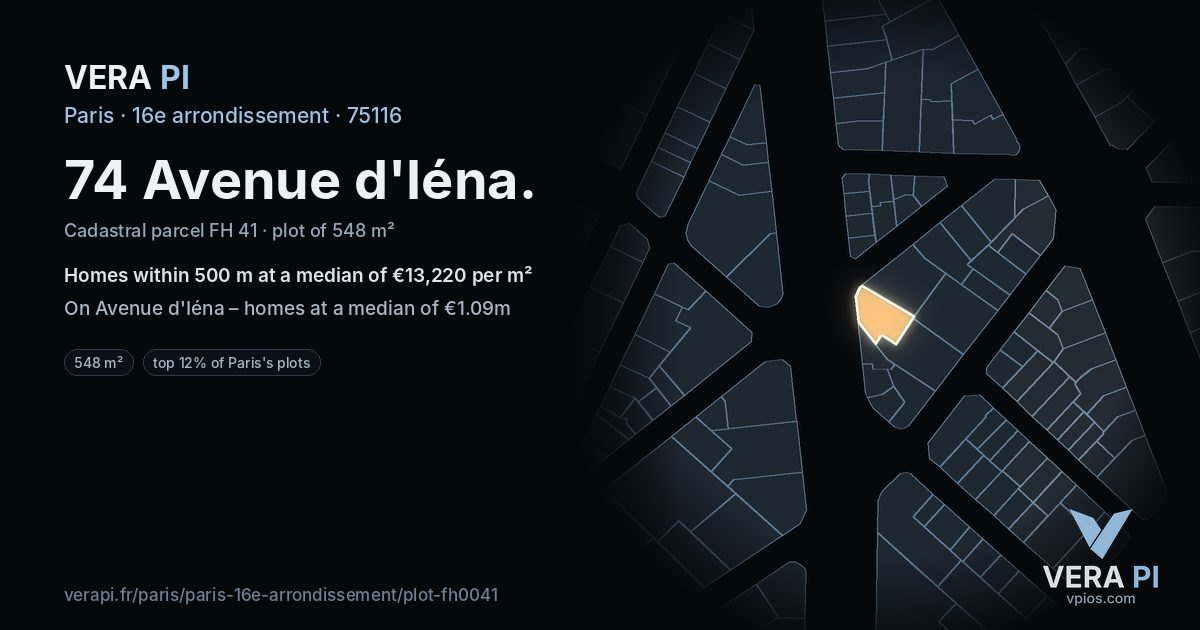 74 Avenue d'Iéna, 16e arrondissement at night – the plot lit, the parcels around coloured by the prices near them