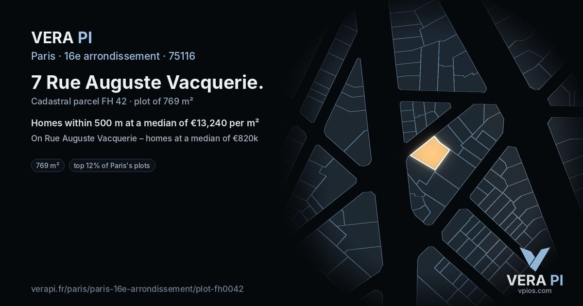 7 Rue Auguste Vacquerie, 16e arrondissement at night – the plot lit, the parcels around coloured by the prices near them