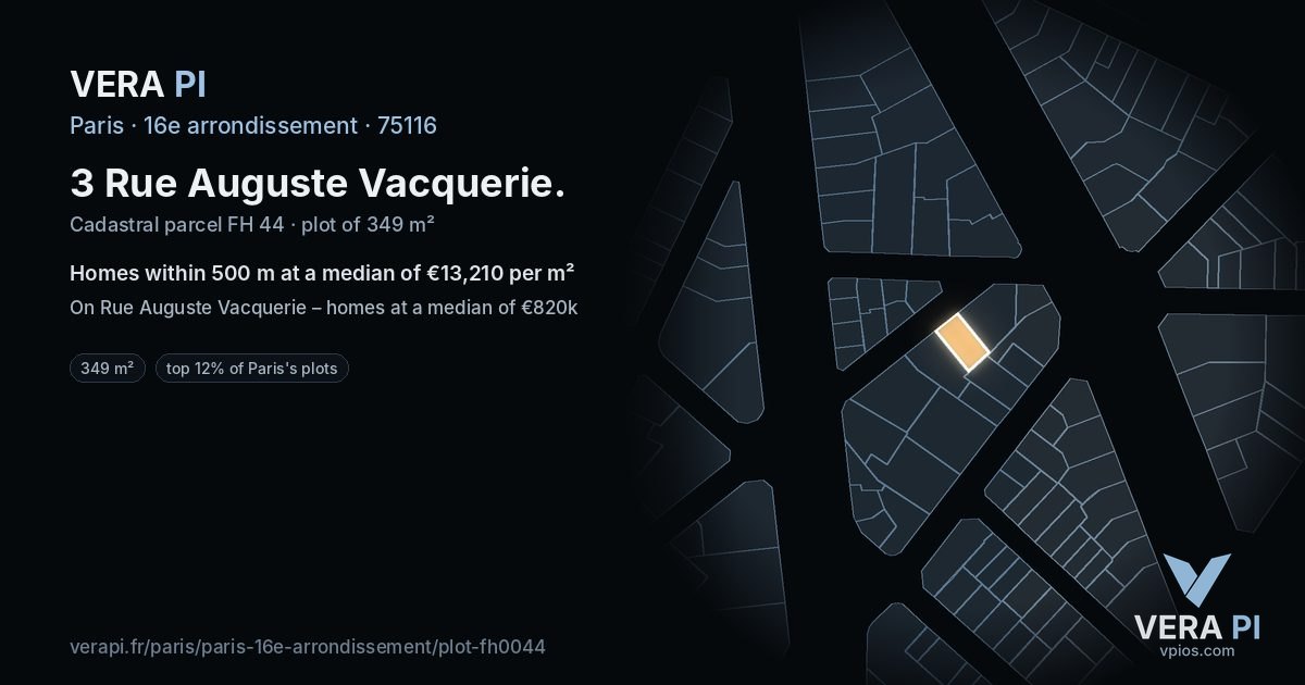 3 Rue Auguste Vacquerie, 16e arrondissement at night – the plot lit, the parcels around coloured by the prices near them