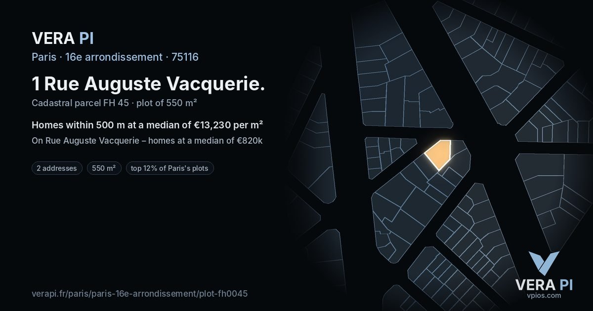 1 Rue Auguste Vacquerie, 16e arrondissement at night – the plot lit, the parcels around coloured by the prices near them