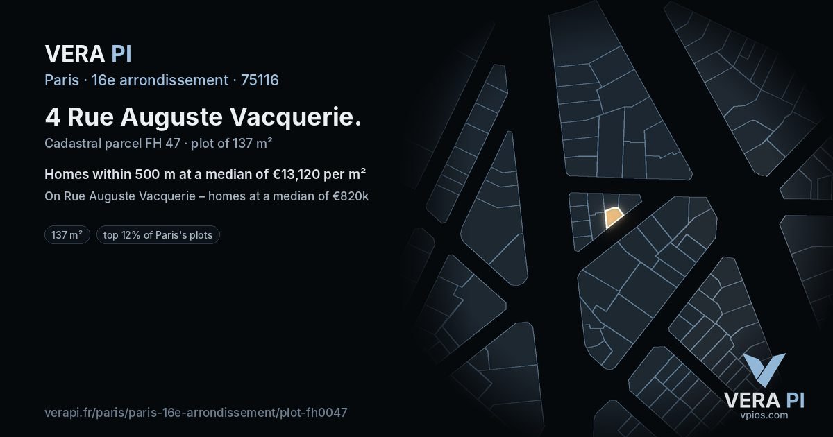 4 Rue Auguste Vacquerie, 16e arrondissement at night – the plot lit, the parcels around coloured by the prices near them