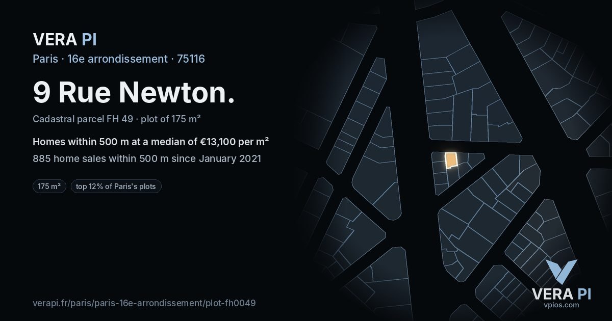 9 Rue Newton, 16e arrondissement at night – the plot lit, the parcels around coloured by the prices near them